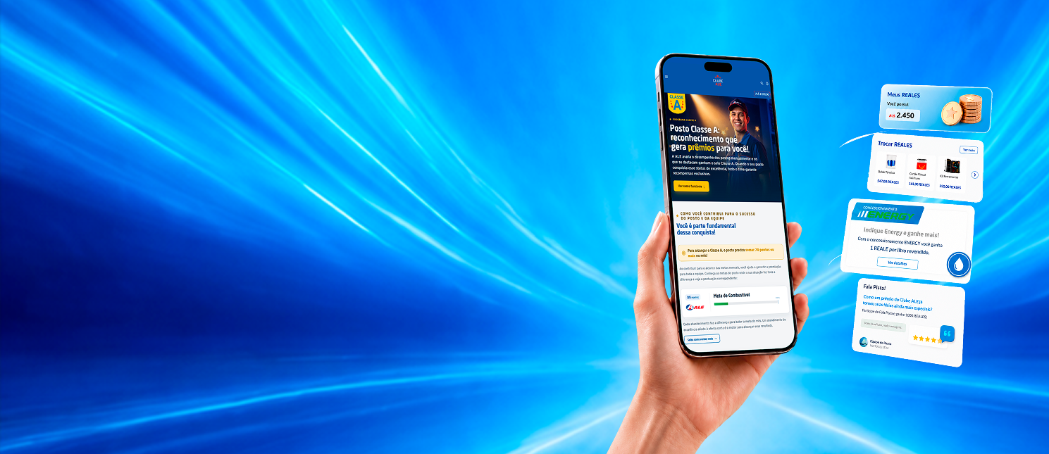 Mão segurando um celular com o app do Clube ALE, cercado de cards de saldo de REALES, resgates e indicações